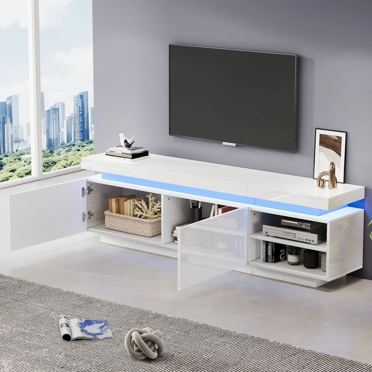 Merax Moderner Lowboard Hochglanz-TV-Schrank mit LED-Beleuchtung, TV-Board, TV-Kommode, geeignet für 75-Zoll-TVs,Tisch, universeller Gaming-Medienständer, Aufbewahrungsschrank und großer Stauraum, weiß – Bild 2