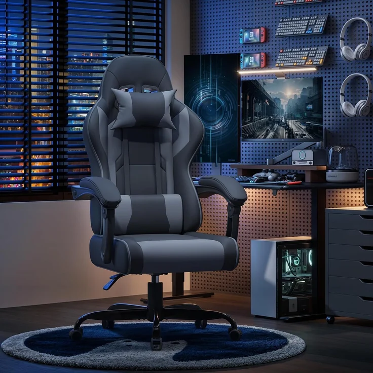 Devoko Gaming Stuhl mit Massagefunktion, Bürostuhl Ergonomisch mit Verstellbarer Ruckenlehne (90-135), Schreibtischstuhl mit Bewegliche Armlehne, max 150kg, Grau – Bild 2