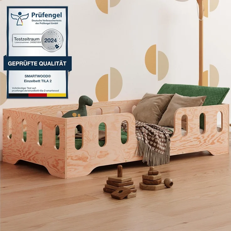 smartwood TILA 2 Kinderbett 80x190 mit Rausfallschutz und Lattenrost - Bodenbett Kinder Naturholz - Montessori Bett mit glatten Kanten - Betten für schnelle Montage - Bis zu 95 kg – Bild 1