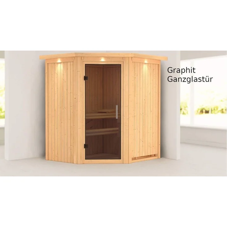 Karibu Sauna Taurin mit Dachkranz + 9kW BIO-Kombiofen mit ext. Steuerung Easy Klarglas Ganzglastür – Bild 6