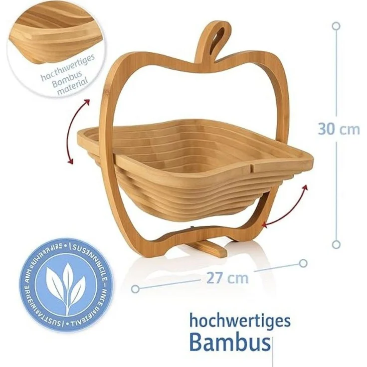 hausleben Obstschale aus Bambus 3-in-1, (1-tlg), Faltkorb, Klappbarer Korb & Schneidebrett im Apfel-Design – Bild 3