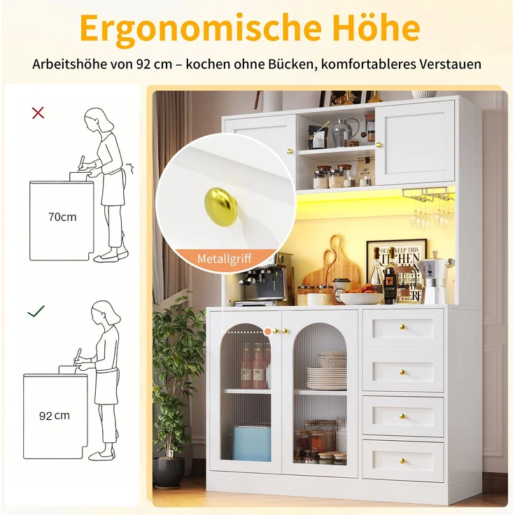 Buffetschrank mit LED-Lichtleiste & Fluted Glas, 120x40x188 cm, Weiß – Bild 9