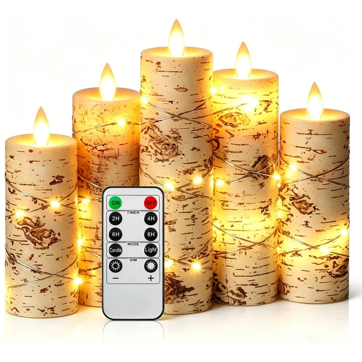 Da by 5 Stück handbemalte Birkenmuster Paraffin LED Kerzen mit Feenlichtkette, Realistische Flackerflamme, Batteriebetriebene Kerzen mit Fernbedienung, Wiederverwendbar für Innen- und Festdekoration