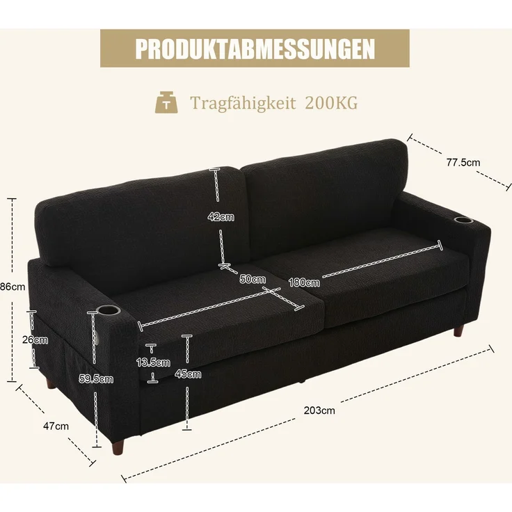 LVHOM 2-Sitzer Sofa mit USB&LED, Zweier Polstersofa Chenille Bezug, Loveseat mit Getränkehaltern, Doppelsofa Stoffsofa Loungesofa, Schwarz – Bild 6