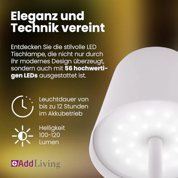 AddLiving LED Fashion Tischlampe, dimmbare LED mit 3 Farbtemperaturen und USB-Anschluss, weiß – Bild 4
