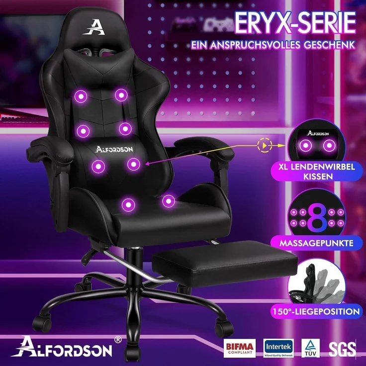 Gaming-Stuhl mit Massage und Fußstütze, 150° Neigung, höhenverstellbar – Bild 3