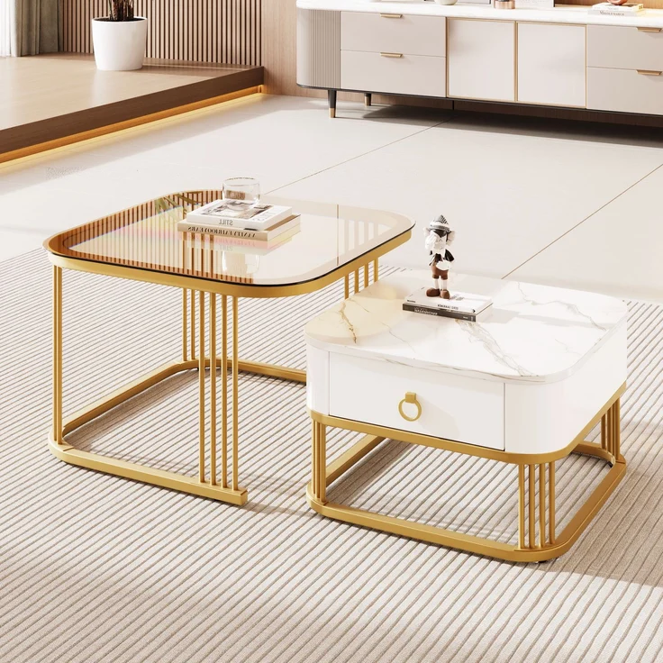 Merax Couchtisch Set Marmoroptik mit Schublade, Beistelltisch hochglanz, Satztisch mit Glasplatte,Wohnzimmertisch, Gold | Weiß – Bild 1