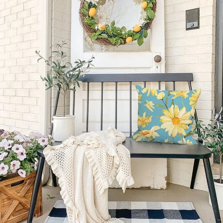 Sommer Kissenbezüge 45×45 cm 4er-Set Blaue Gänseblümchen, “Hello Sunshine”, Outdoor Couch Kissen – Bild 2