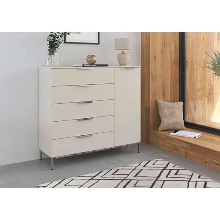 Rauch Möbel Flipp, Nachttisch für Schlafzimmer, Kinderzimmer, Wohnzimmer, Flur, Garderobe, 1-türig, 5 Schubladen, mit Softclose-Funktion, Griffe und Metallkufe Chrom, Farbe Beige, Breite 120 cm – Bild 3