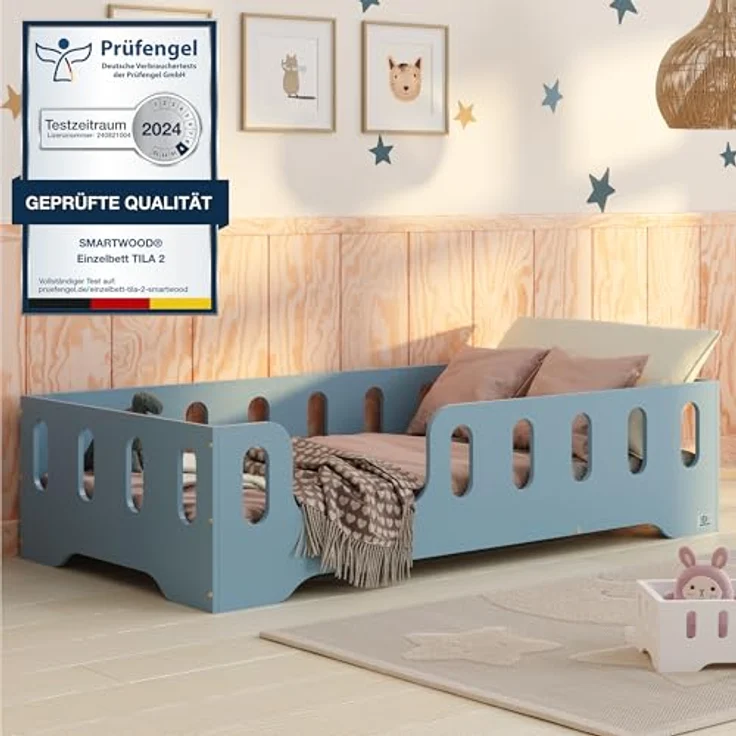 smartwood Kinderbett Bodenbett 90x200 mit Rausfallschutz & Lattenrost - Blau - Kinder Montessori Bett TILA 2L mit glatten Kanten - Betten für schnelle Montage - Bis 230 kg belastbar – Bild 2