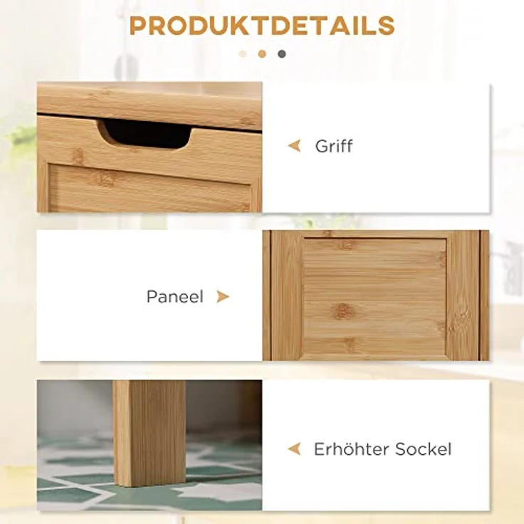 kleankin Badezimmerschrank Badschrank Aufbewahrungsschrank mit Kippschutz aus Bambus, Unterschrank mit 2 Schubladen, Lanfhausstil Beistellschrank, Naturholz, 30 x 30 x 90 cm – Bild 8
