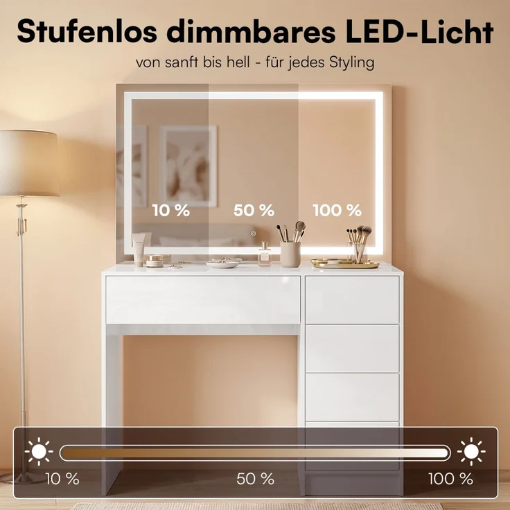 Bellamio 'Livny' Set aus Schminktisch mit Spiegel und Wolkenstuhl, LED-Beleuchtung, mit 5 Schubladen, beidseitig montierbar, weiß Hochglanz, 80x53x110 cm, LED-Beleuchtung mit mit 3 einstellbaren Lichtfarben – Bild 3