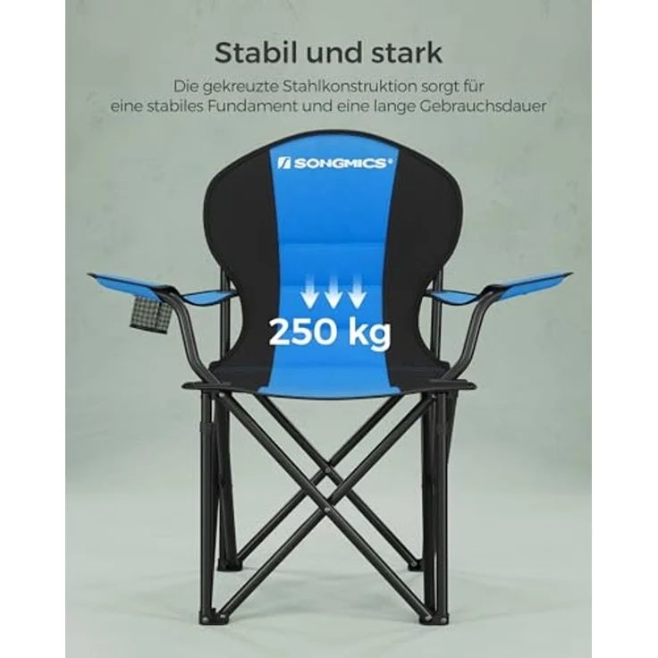 SONGMICS Campingstuhl, klappbar, Klappstuhl, komfortabler mit Schaumstoff gepolsterter Sitz, mit Flaschenhalter, hoch belastbar, max. Belastbarkeit 250 kg, Outdoor Stuhl, blau GCB06BU – Bild 5