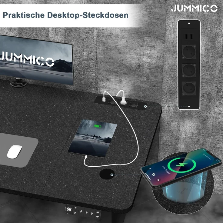 JUMMICO Höhenverstellbarer Schreibtisch mit Kabelloser Ladestation und Euro-Steckdose mit USB, Schreibtisch Höhenverstellbar Elektrisch Stehtisch, Standing Desk (Schwarze Felsplatte 160x80 cm) – Bild 4