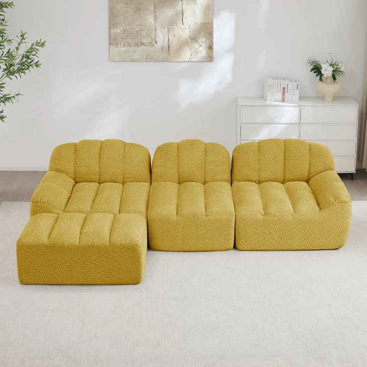 EINHOM 3-Sitzer L-förmiges Modulares Sofa mit 1 Ottoman, Boneless Sofa aus 32D Hochdichtschaum, tiefe Sitzfläche, ideal für Wohnzimmer, weicher Stoff, Gelb – Bild 3