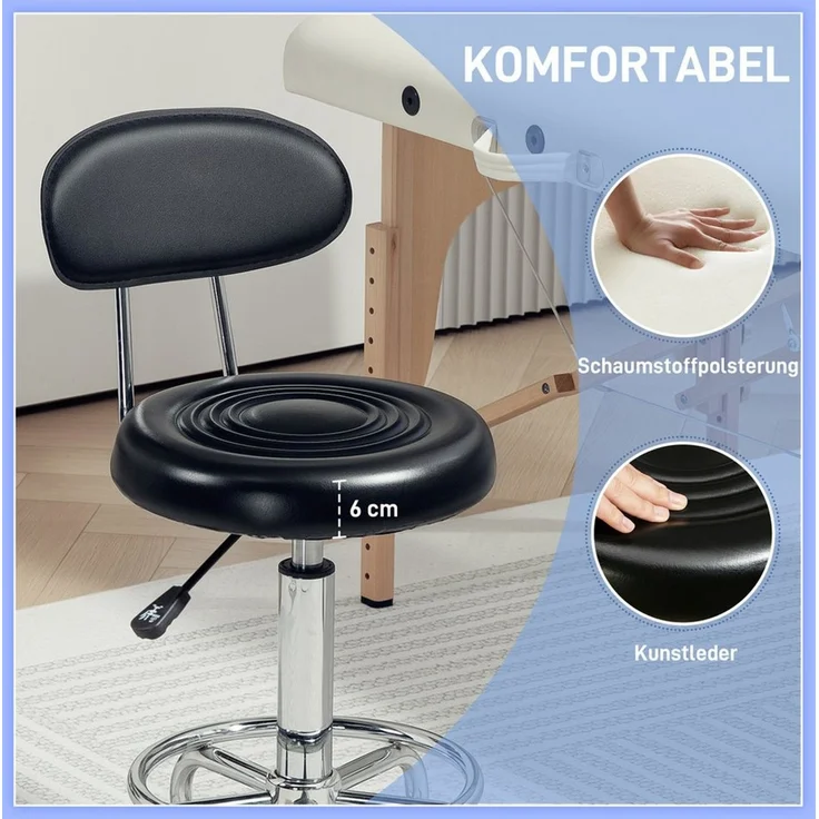 HOMCOM Drehhocker Rollhocker höhenverstellbar Drehbar Salon Hocker mit Lehne (Arbeitshocker, 1 St, Bürohocker), für Büro, Schwarz – Bild 4