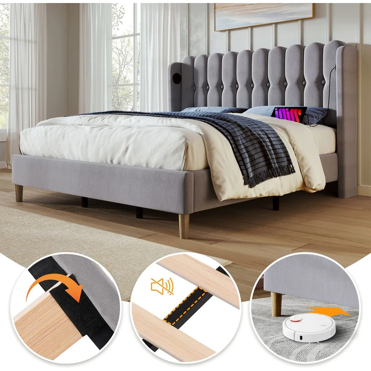 Einzelbett 140x200 cm Grau Leinen mit USB & Type-C Ladeanschluss,gepolstertes Kopfteil,Design-Paneel,stabiler Rahmen – Bild 6