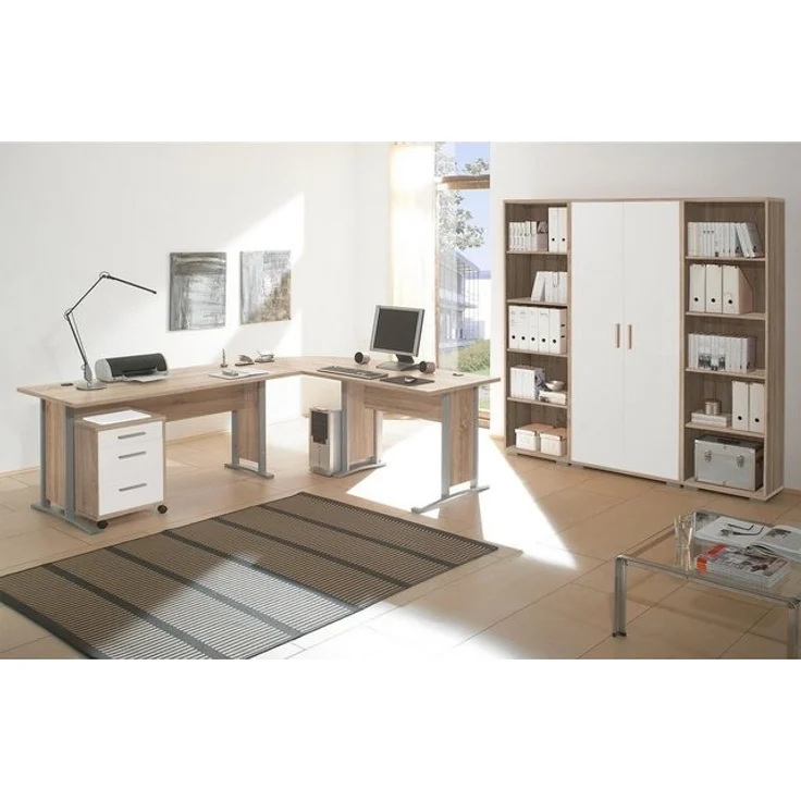 Büro Office Line Büromöbel Komplett Set in Eiche Sonoma kombiniert mit Weiß oder Eiche Sonoma – verschiedene Varianten wählbar - 5 teilig , Eckschreibtisch + Rollcontainer + 2x hohes Aktenregal + Aktenschrank hoch , weiß – Bild 4