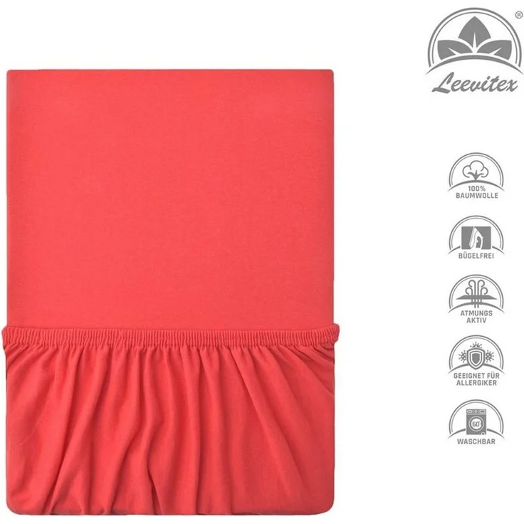 leevitex® Spannbettlaken, Premium 170g/m², Gummizug: rundum, schwer und dick, 100% Jersey-Baumwolle, Rot / Signalrot, 90 x 200 - 100 x 220 cm – Bild 2