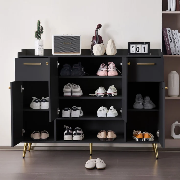Schuhschrank Schwarz mit 4 Türen, 2 Schubladen und offenem Fach, Aufbewahrungsschrank für Schuhe, Flur, Eingangsbereich – Bild 2