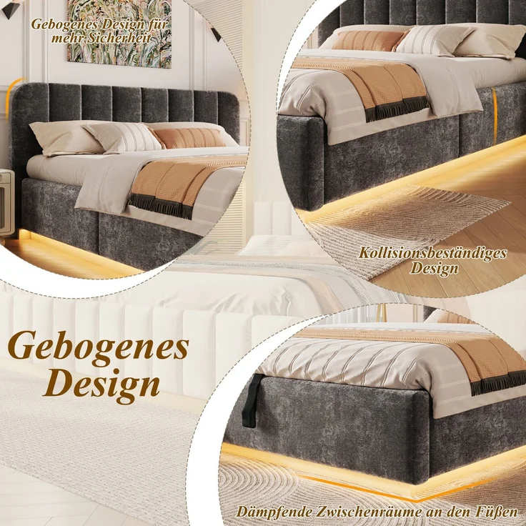 Polsterbett mit LED-Beleuchtung und Stauraum, 140x200 cm, gepolsterter Kopfteil, Stauraumbett, Chenille – Bild 5