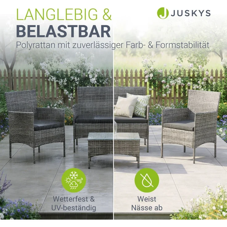 Juskys 'Fort Myers' Gartenmöbel Set mit Tisch, Sofa & 2 Stühlen, Polyrattan, 60x35 cm, Grau-meliert / Grau – Bild 3