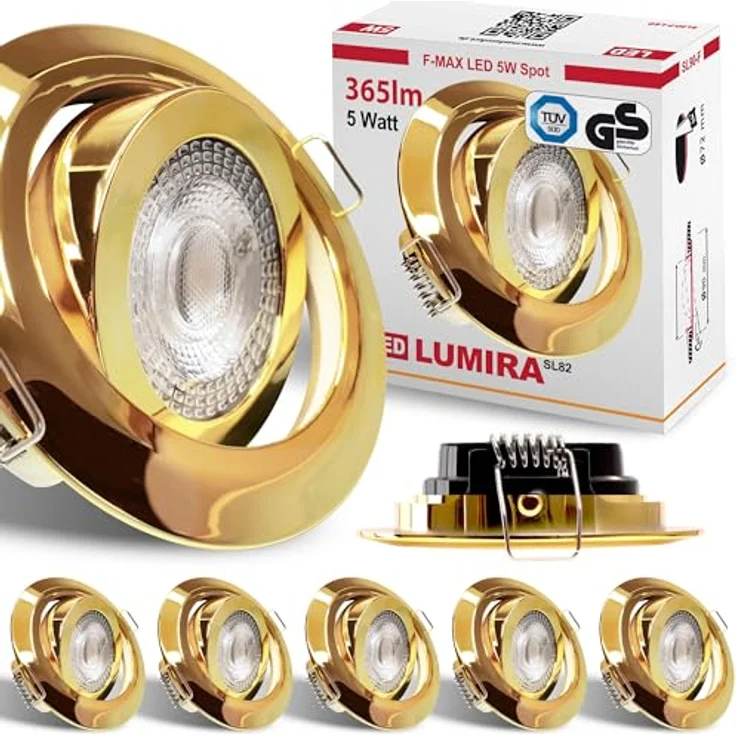 Maxkomfort K O M F O R T 6x LED Einbaustrahler Ultraflach 5W Gold, schwenkbar, warmweiß, 230V, 30mm hoch, 360 Lumen, langlebig – Bild 1
