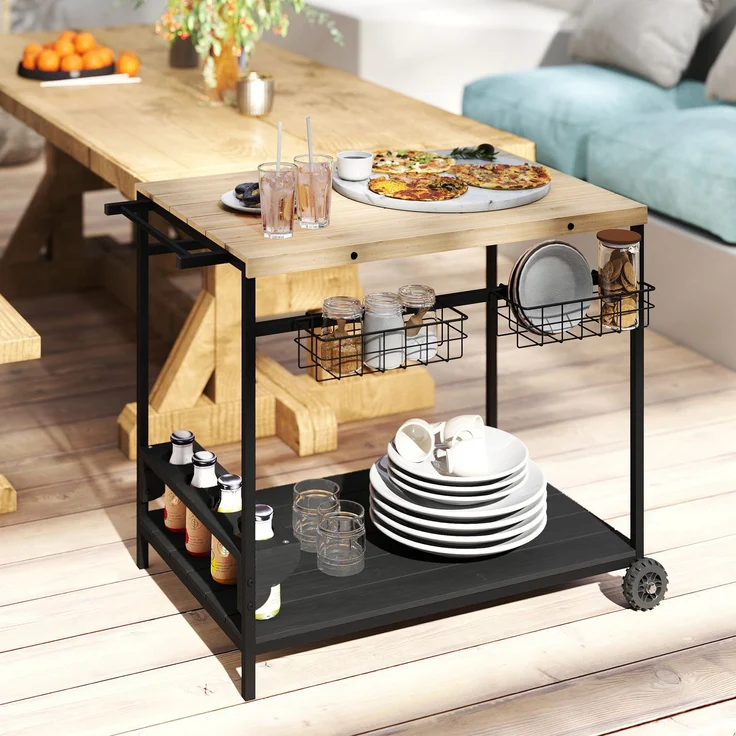 Servierwagen, Küchenwagen, 2 Etagen, 4 Flaschenhalter, In/Outdoor, Natur/Schwarz--Naturholz--81x65x97.5cm--YOUDENOVA – Bild 3
