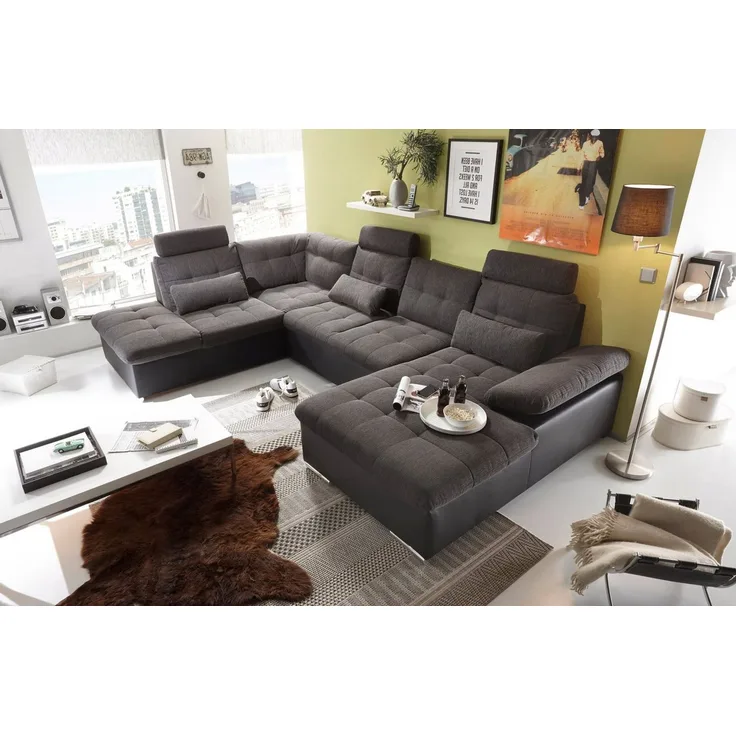 Couch Wohnlandschaft Schlaffunktion Schlafsofa schwarz grau Ottomane links