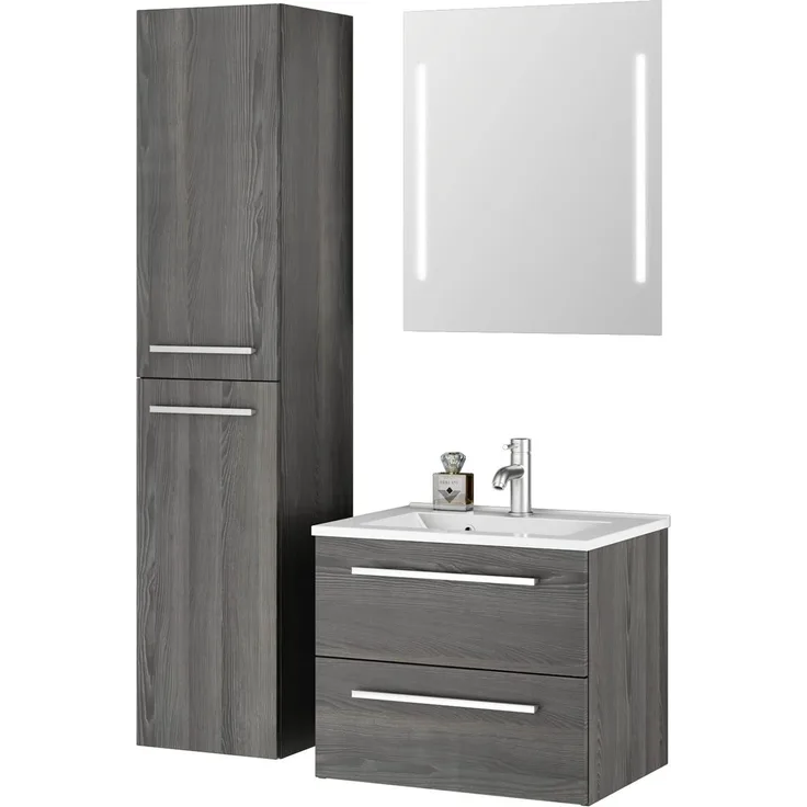 Sieper I Badmöbel Set Libato, Waschtisch mit Unterschrank 60x50 cm, Hochschrank und Badspiegel I Pinie Schwarz