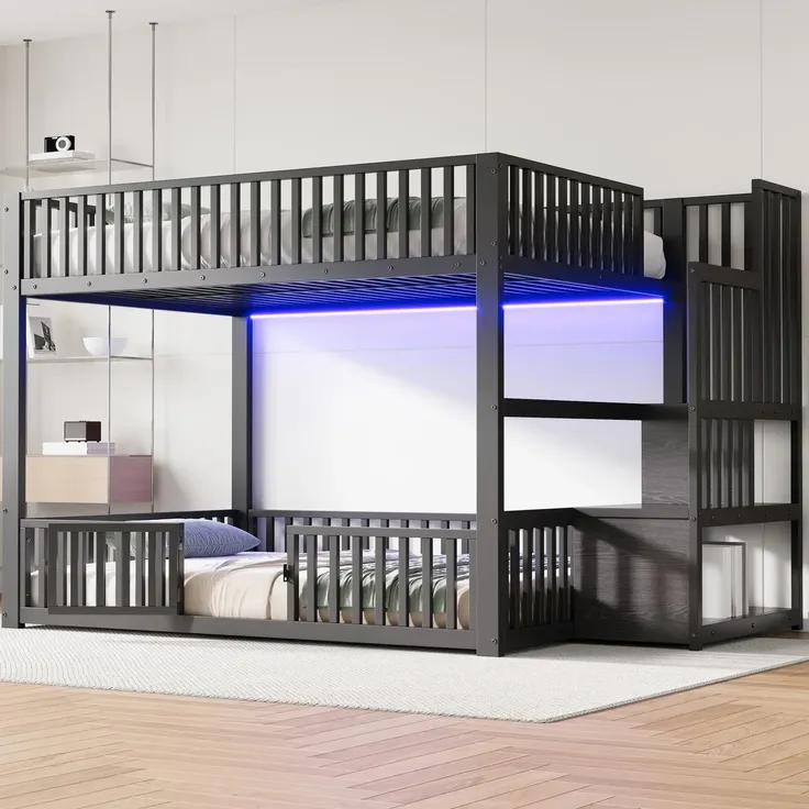 Etagenbett mit 1 Lattenrost, RGB LED-Streifen, Rausfallschutz und Tür, Treppe mit Regal, 140x200 cm, Kinderbett, Metallbett – Bild 4