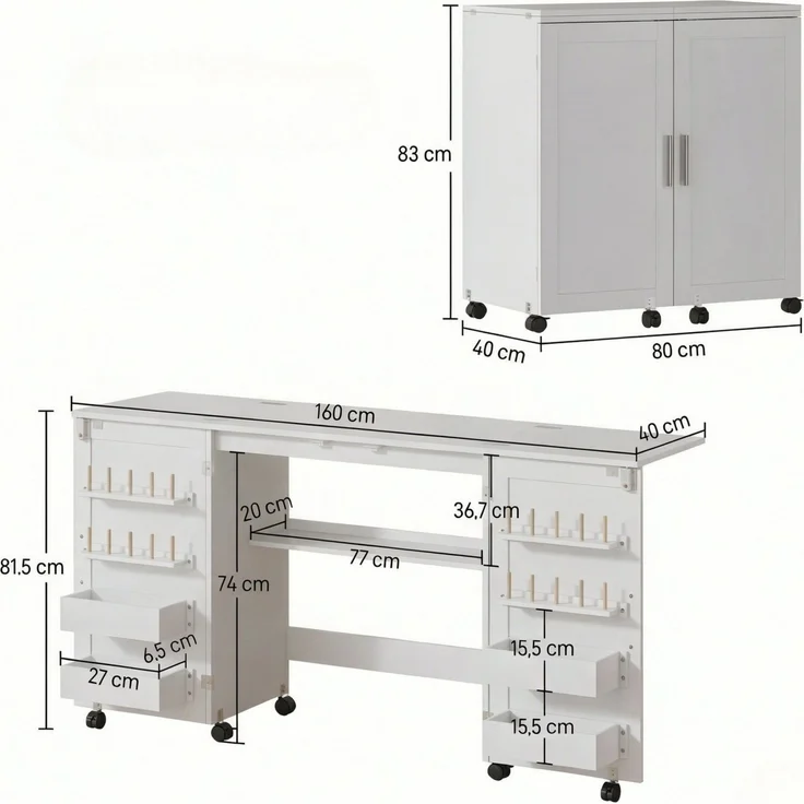 Klappbarer Nähtisch mit Rollen, Stauraum und Ablage, 160x40x81,5 cm, Weiß – Bild 4
