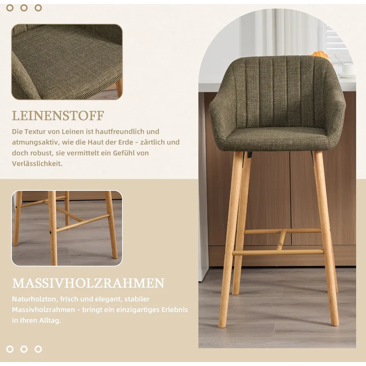 LVHOM Barhocker 2er Set, Barstühle mit Rückenlehnen und Armlehnen, Tresenhocker mit Holzbeinen, Tresenstuhl Stoff, Grün – Bild 4