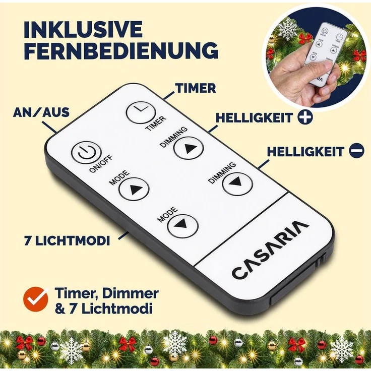 Kunstgirlande, Casaria, Höhe 28 cm, Weihnachtsgirlande geschmückt mit Fernbedienung 5m 80 LED Warmweiß – Bild 2