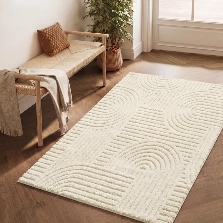 SONGMICS Teppich, 3D Hoch-Tief-Flor, Geometrisches Muster, 170 x 120 x 1 cm | Maschinenwaschbar, Rutschfeste TPR-Rückseite, für Wohnzimmer und Schlafzimmer, Weiß, HILA Kollektion TAR132WZ02