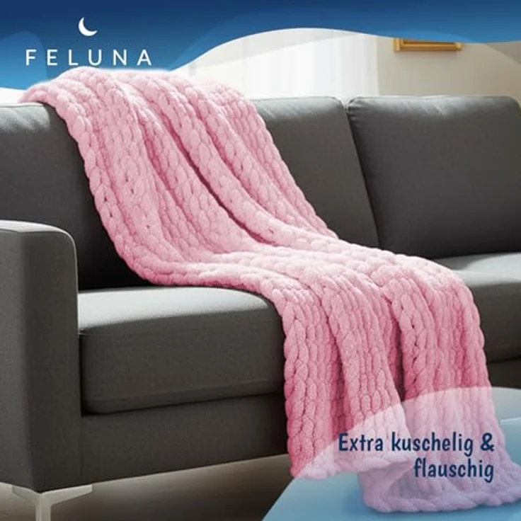 Wohndecke Grobmaschige Wohlfühldecke, Feluna, Flauschige Kuscheldecke Grobstrick Tagesdecke – Bild 3