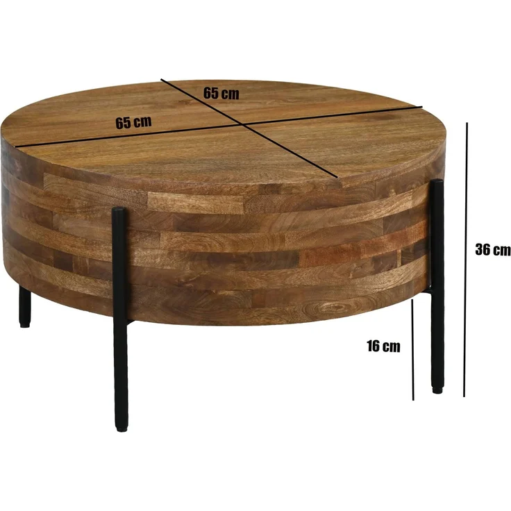 FINEBUY Couchtisch FB117907 Sofatisch Massivholz Rund 70cm Wohnzimmertisch Beistelltisch (Stabiler Sofatisch mit dunklen Metallbeinen), Pflegeleichte Oberfläche aus echtem Mangoholz – Bild 3