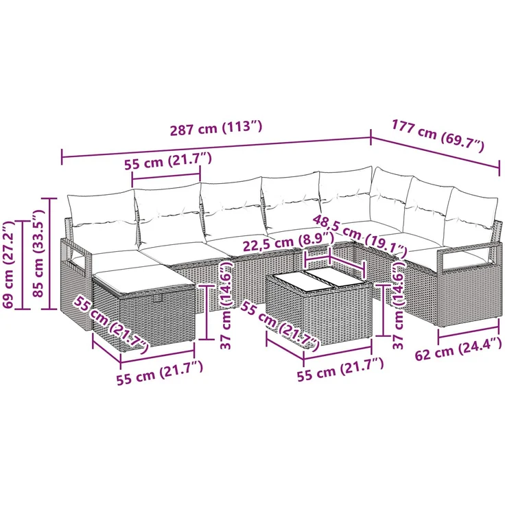 vidaXL Sofa Set 9 stk. Schwarz Poly-Rattan 3359245 – Bild 11