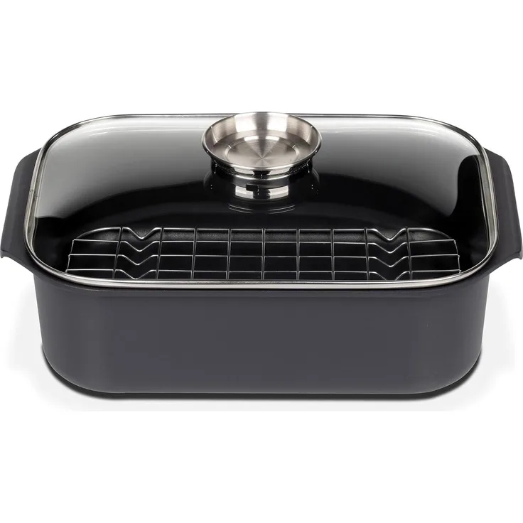 GSW Rechteckbräter Gourmet mit Aroma-Glasdeckel und Grilleinsatz, Aluguss, Induktionsfähig, Schwarz, ø ca. 40x26 x H 11cm