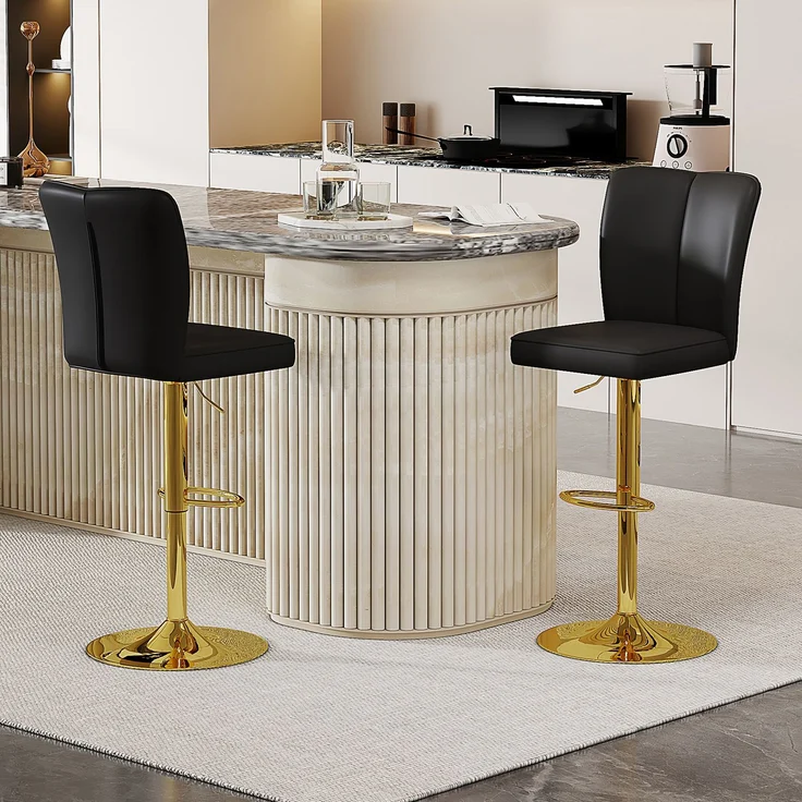 Höhenverstellbarer Barhocker im 2er-Set, 360° drehbar, Luxuriöser Barhocker im Schwarz-Gold-Design aus wasserabweisendem PU-Leder, geeignet für Kücheninseln, Verschiedene Farben erhältlich.--Schwarz + Gold--44.5x44x37cm--YOUDENOVA – Bild 2