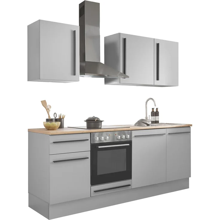 Küchenzeile >Denver< Grau / Grau matt mit Lancelot Eiche Dekor - 220x211x60cm (BxHxT) – Bild 4