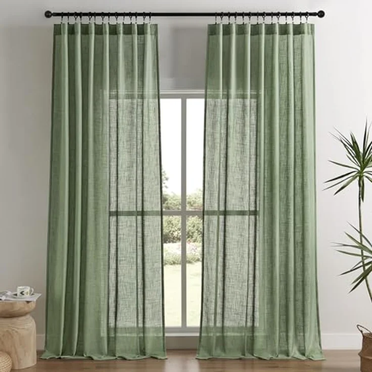 Joydeco Leinen-Vorhänge für Wohnzimmer, 183 cm Länge, 2 Paneele, halbtransparente Vorhänge, 183 cm lang, Quetschplissieren, Lange Fenstervorhänge und Vorhänge (B 132 x L 183 cm, Loden) – Bild 1