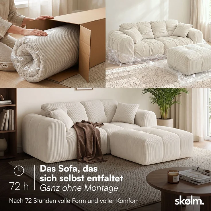 skølm 'Vanaheim' Sofa 2 Sitzer mit Hocker & 2 Kissen, Cloud Sofa Cord beige, Vollschaumcouch mit Federkern und Vakuum-Kompression, kein Aufbau erforderlich – Bild 3