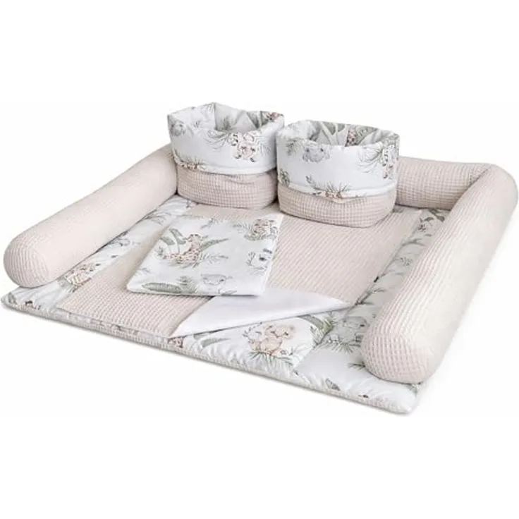 Wickelauflage Set 6-teilig – Wickelunterlage aus Baumwolle & Waffelstoff – Baby Wickelauflage – Geschenk zur Babyparty – Wickeltischauflage – 75x75 cm (Breite x Tiefe), Safari und hellbeige