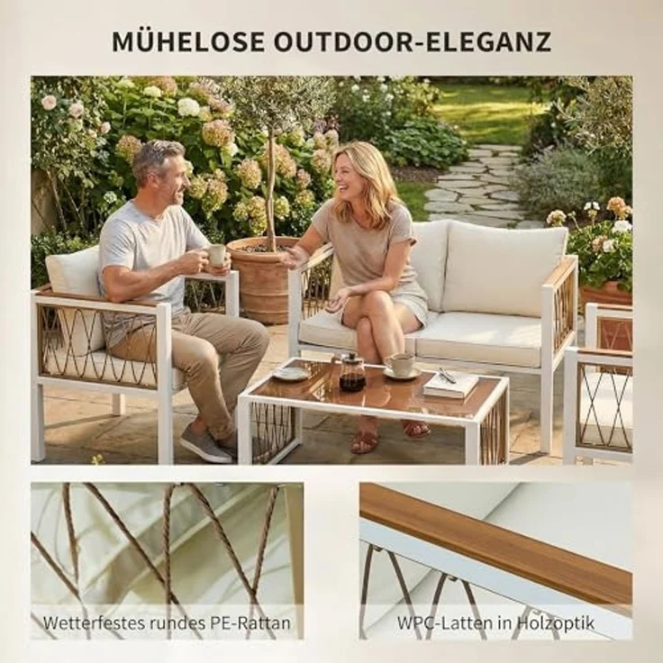 Outsunny Sitzgruppe mit Zweisitzer, 2 Sessel, Glastisch, Kissen, rutschfesten Matte, (Lounge-Set, 4-tlg, Gartenmöbel Set), für Garten Balkon Cremeweiß – Bild 6