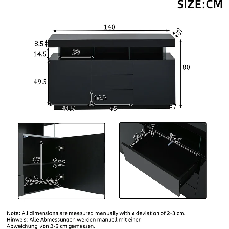 ZUBALIYA Sideboard 140x35x80 cm, mit LED-Beleuchtung, Hochglanz, aus Spanplatte, Schwarz – Bild 12