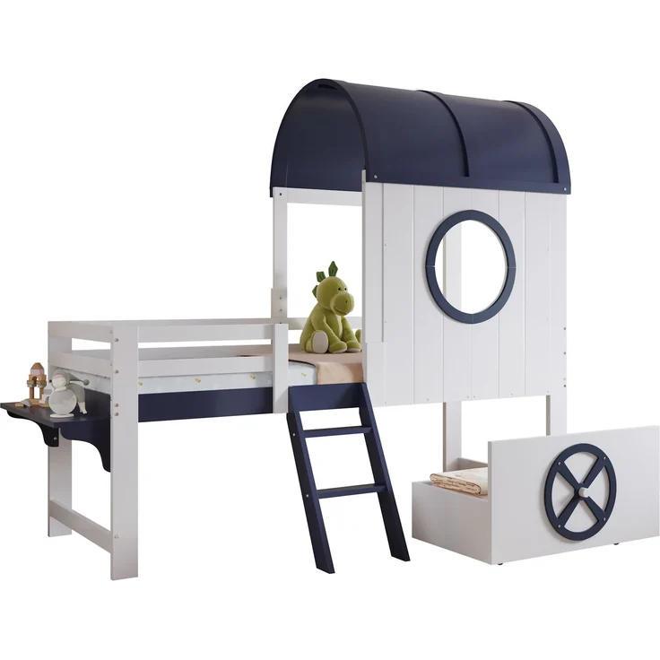 Halbhohes Kinderbett 90×200 cm mit Dach, Fenstern und Schublade, Weiß/Dunkelblau, ohne Matratze – Bild 7