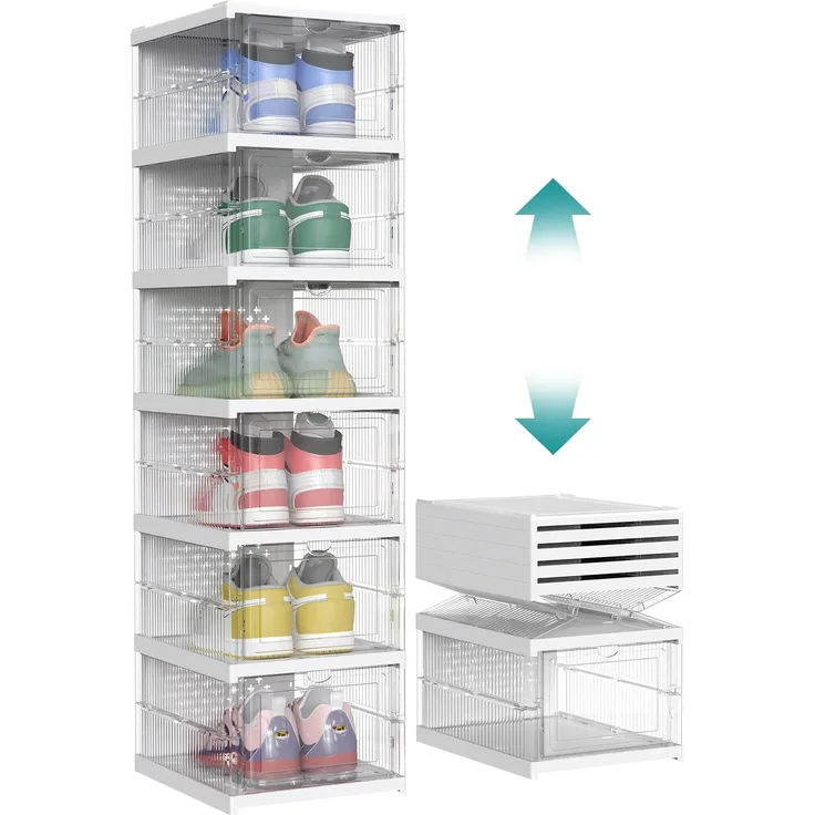 SONGMICS Schuhschrank, mit 6 Schuhboxen, integrierter Schuh-Organizer, faltbar, tragbar, für Schuhe bis Größe 46, 1-Min-Montage, transparent-wolkenweiß LSP205W01