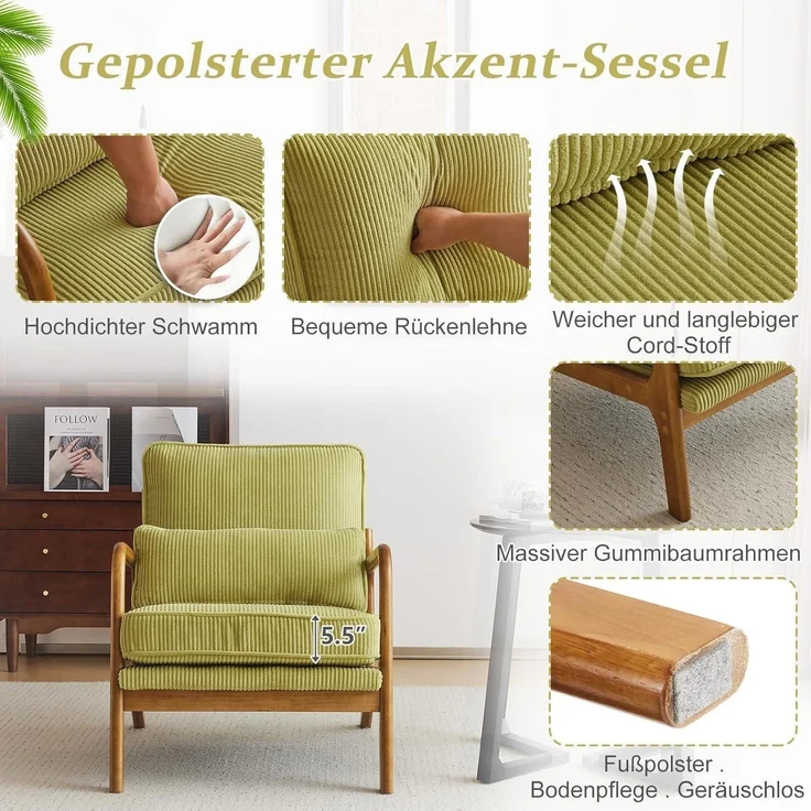 Sessel Cocktailsessel Loungesessel Ohrensessel Massivholz Grün – Bild 4