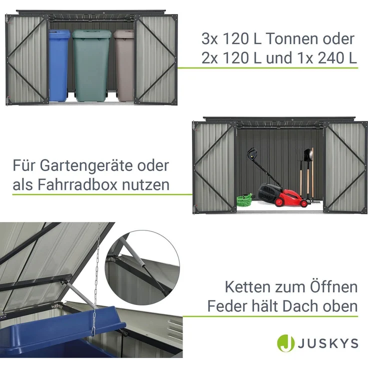 Juskys 3er Mülltonnenbox Namur 3 x 120 Liter Tonnen - 2 m² - 2 große Türen - Metall Mülltonnenverkleidung Müllbox Müllhaus Aufbewahrungsbox – Bild 3